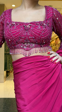 Elegant Crepe Drape Saree with Handwork Blouse – Designer Drape Collection