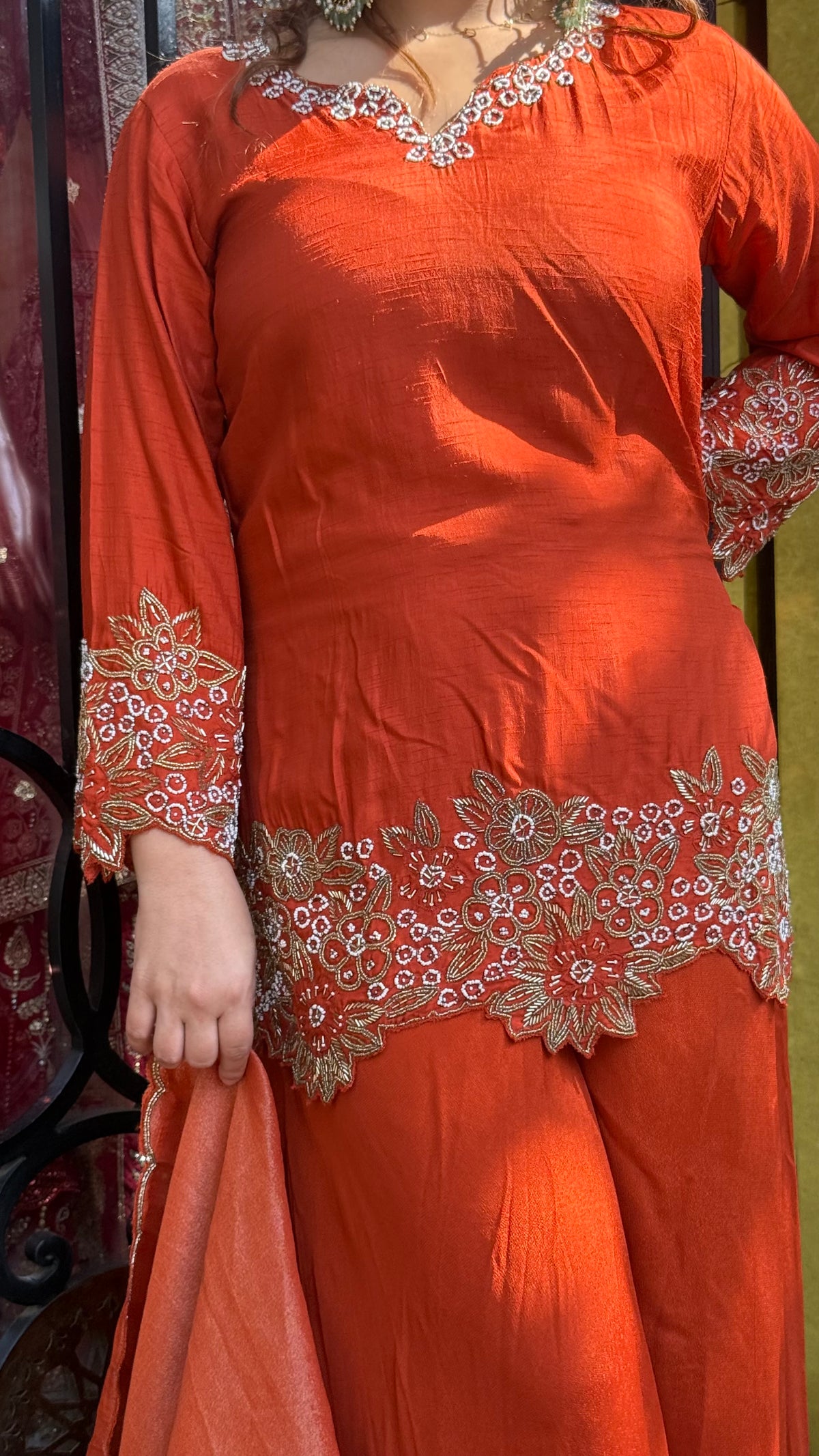 Budget-Friendly Gajji Silk Shirt with Chinon Bottom – Pearl & Cutdana Work Suit Set