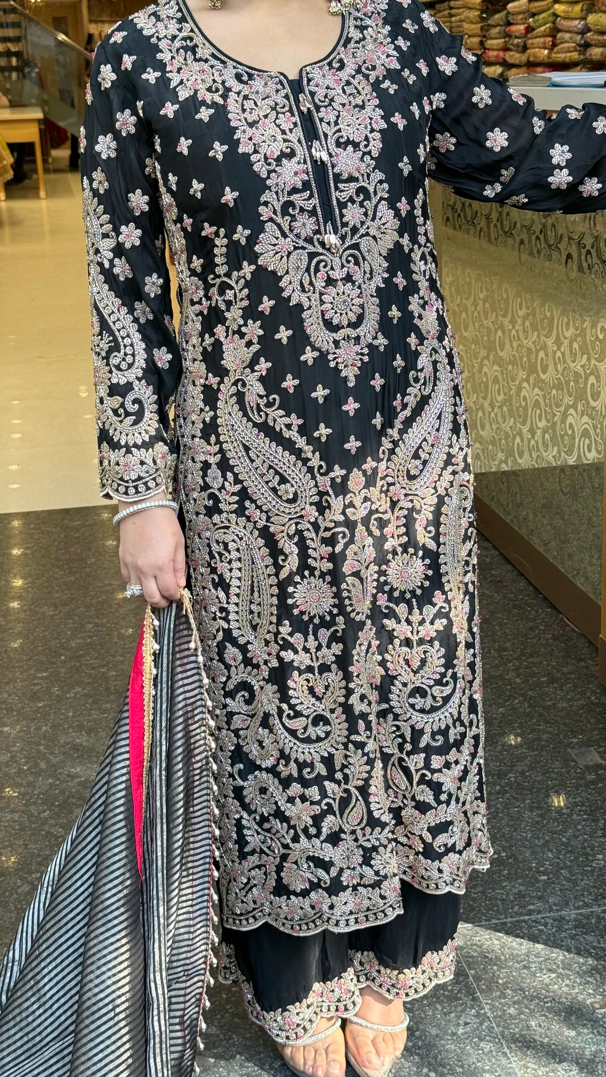 Elegant Satin Silk Suit Set with Beads & Multicolour Stone Work