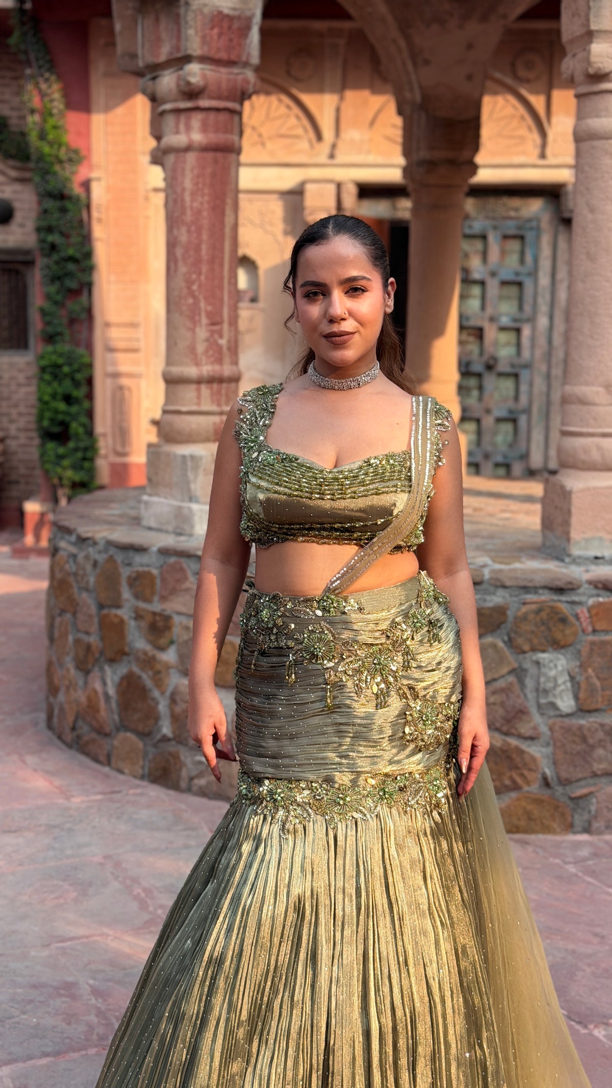 Shimmer Tissue Lehenga with Stone, Sequin, Pearl, Swarovski & Cutdana Work