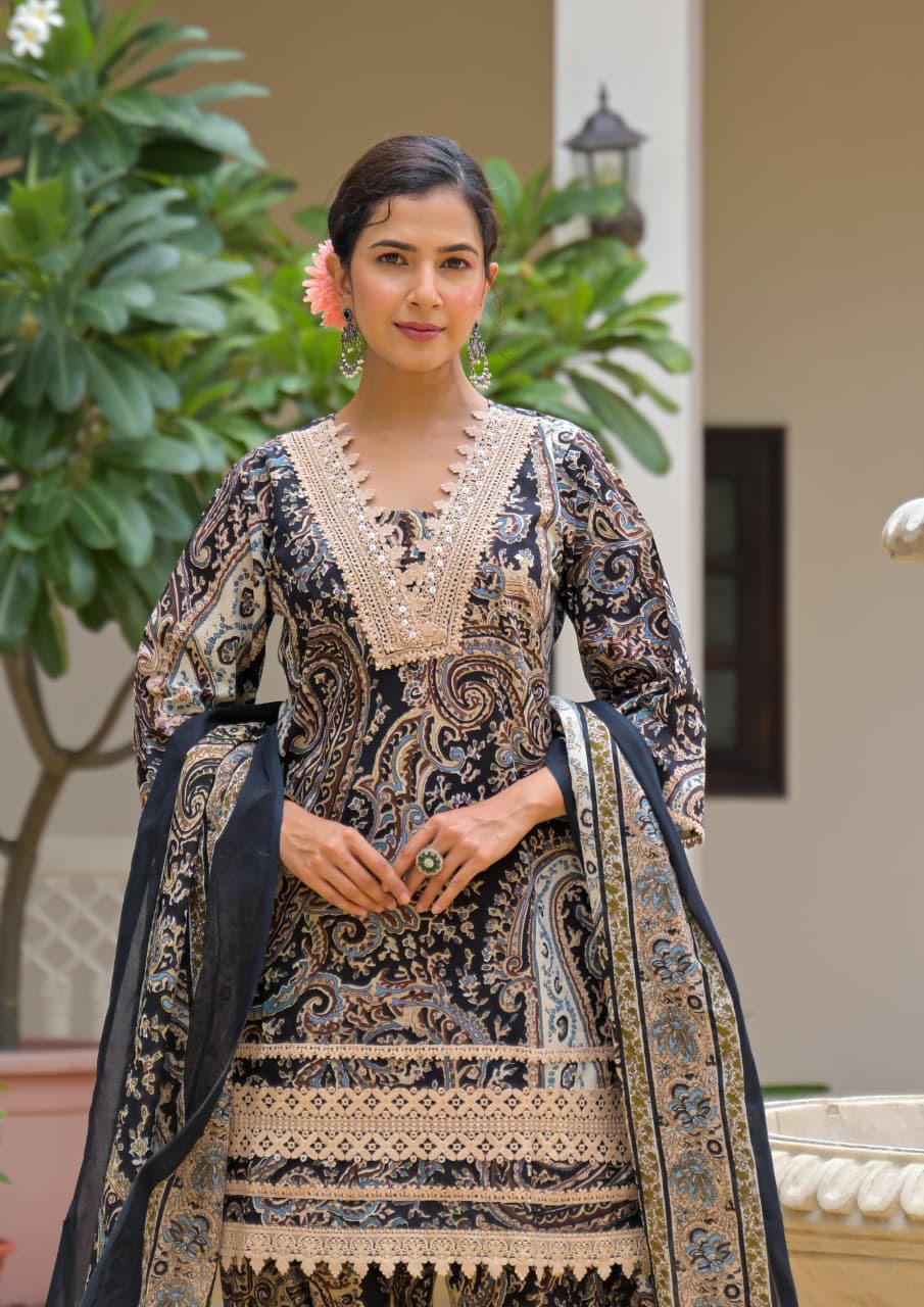 Budget Friendly Printed Cotton Suit with Lace Work