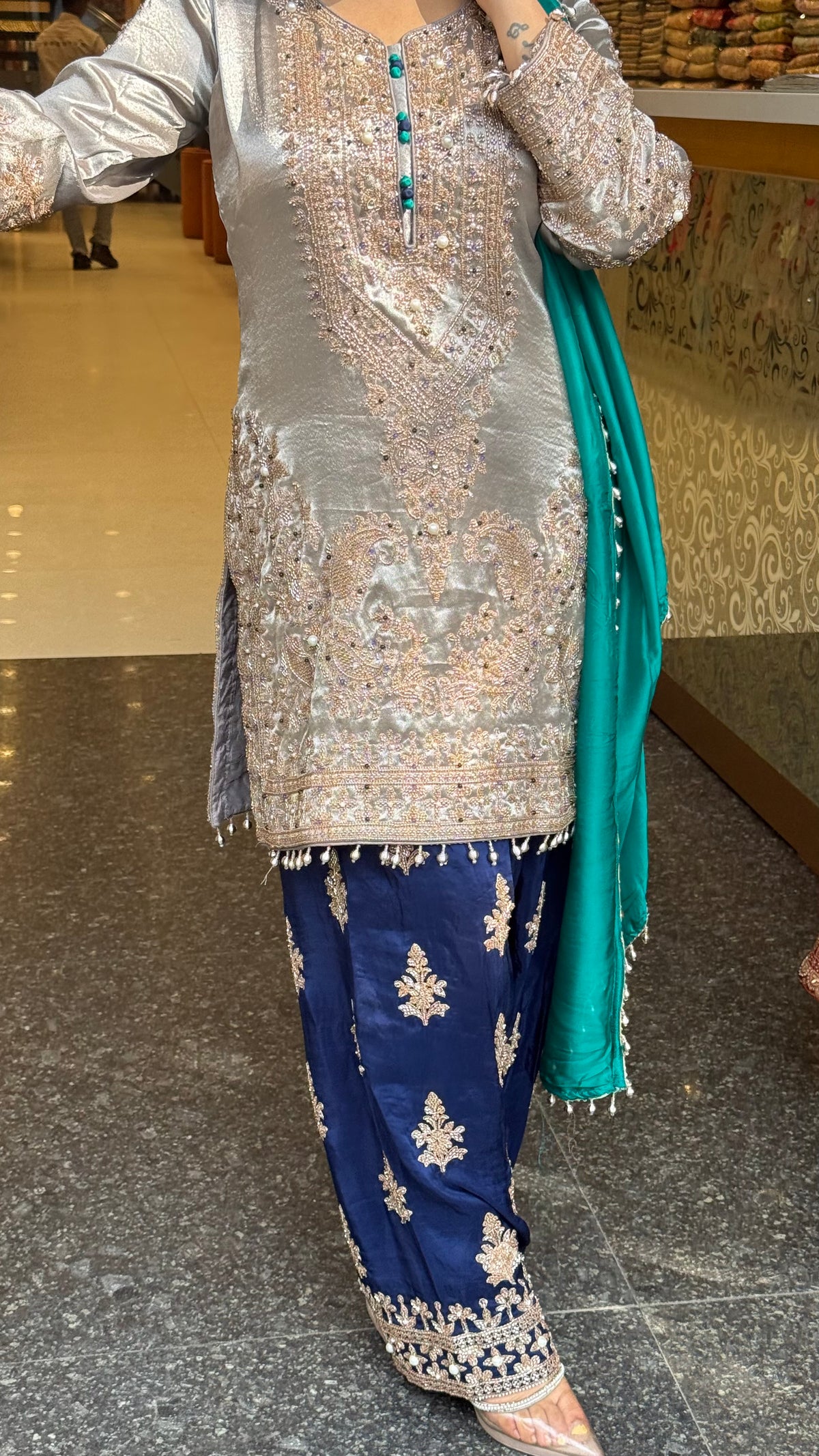 Shimmer Silk Beaded Suit Set with Chinon Salwar Style Pant