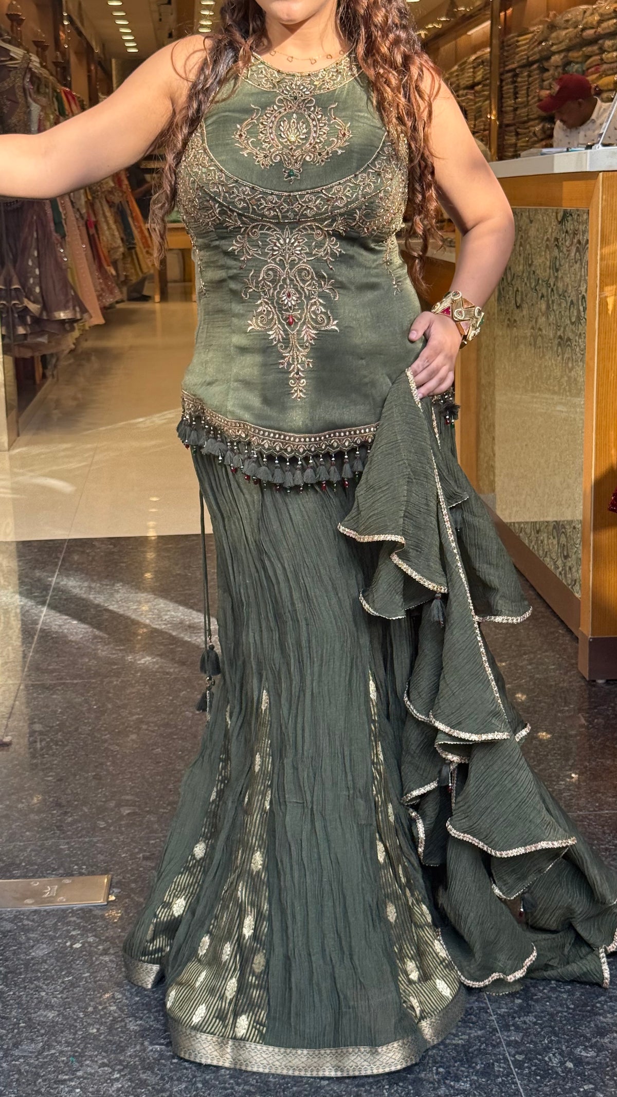 Designer Shimmer Silk Indo-Western Set with Handwork & Crush Tissue Bottom