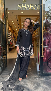 Leather Appliqué Cutwork Muslin Suit with Farshi Salwar | Budget-Friendly Suit Set