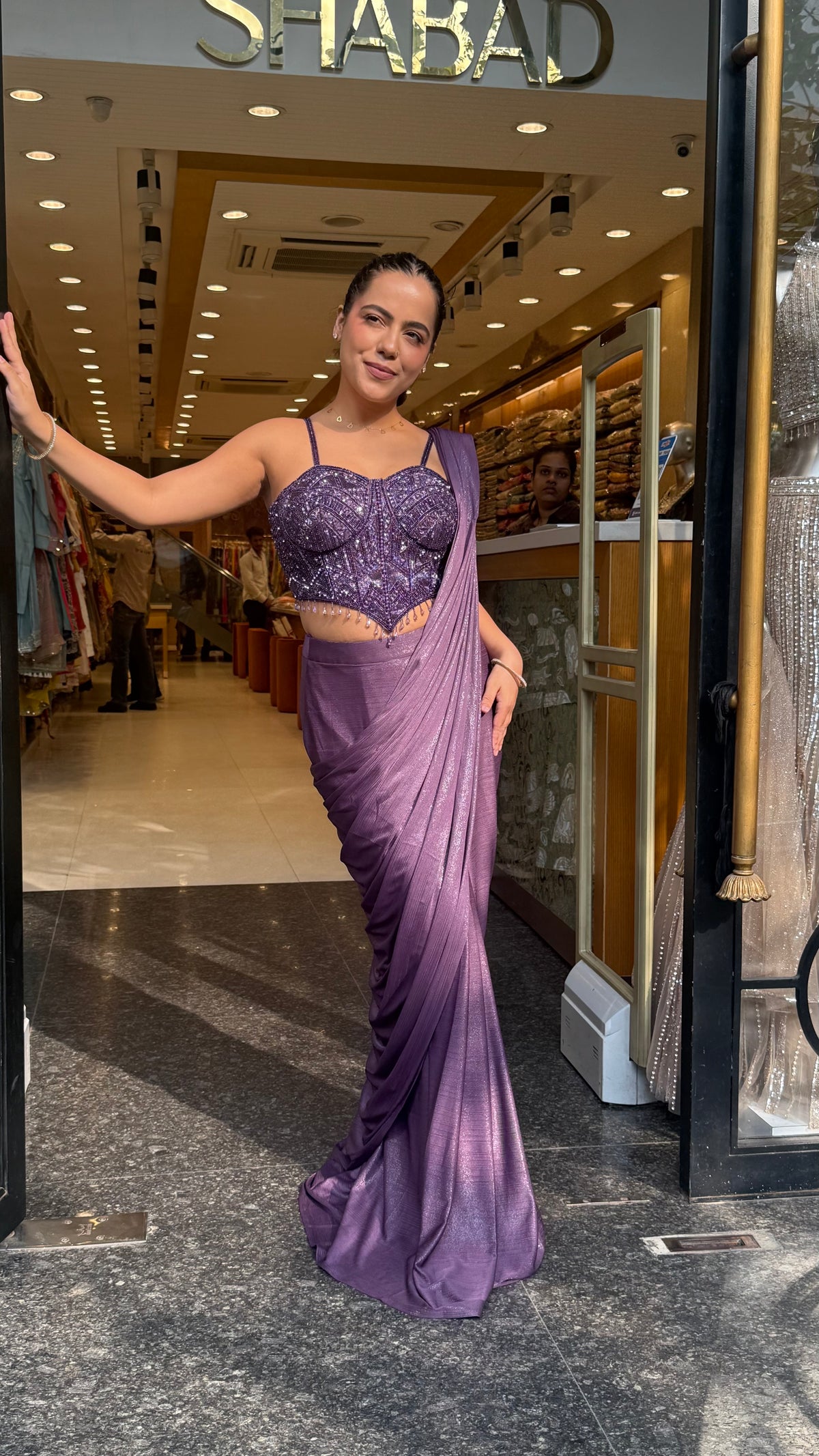 Shimmer Lycra Drape Saree with Handwork Corset Blouse