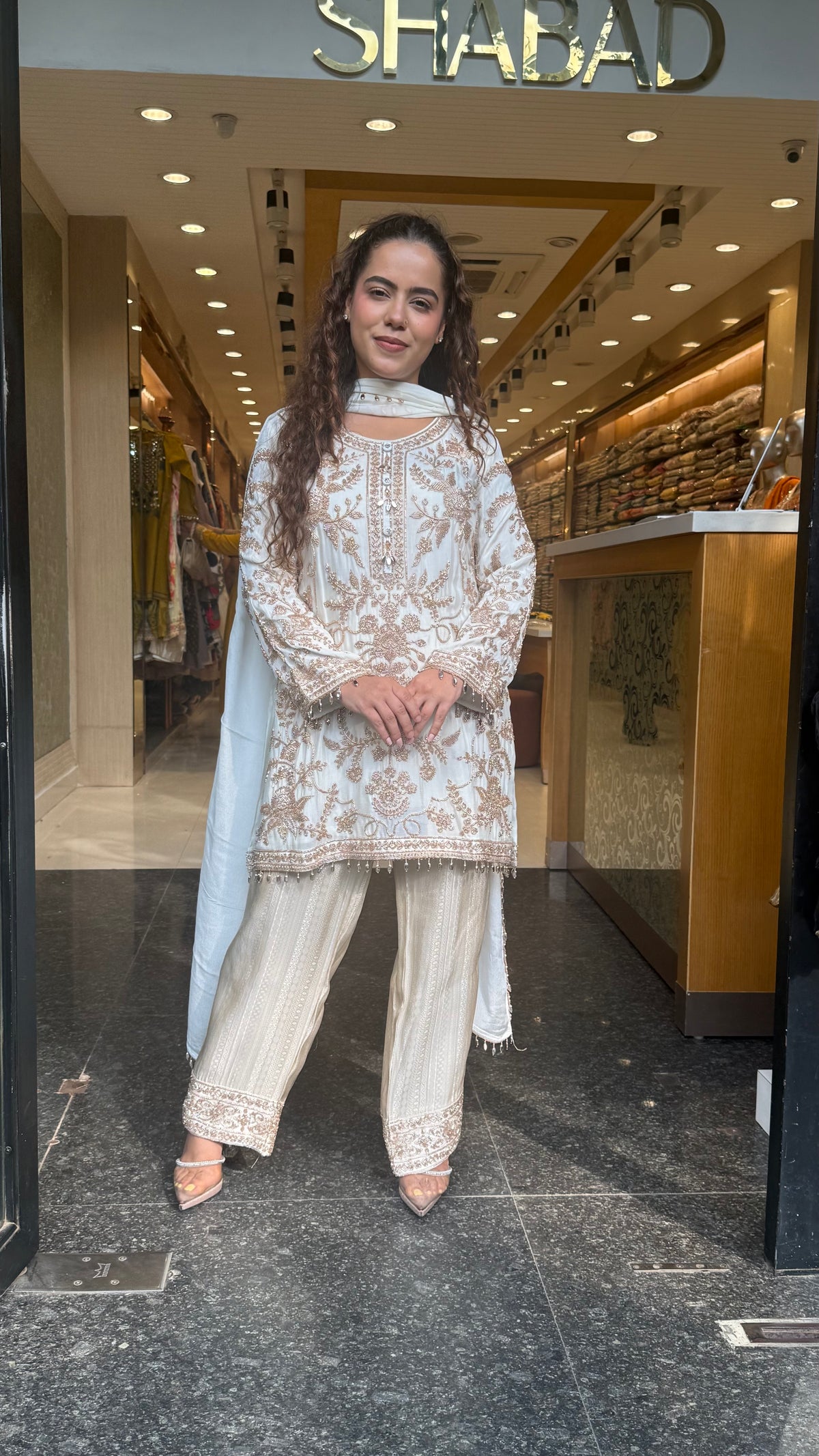 Beads Embellished Designer Suit Set with Brocade Pants