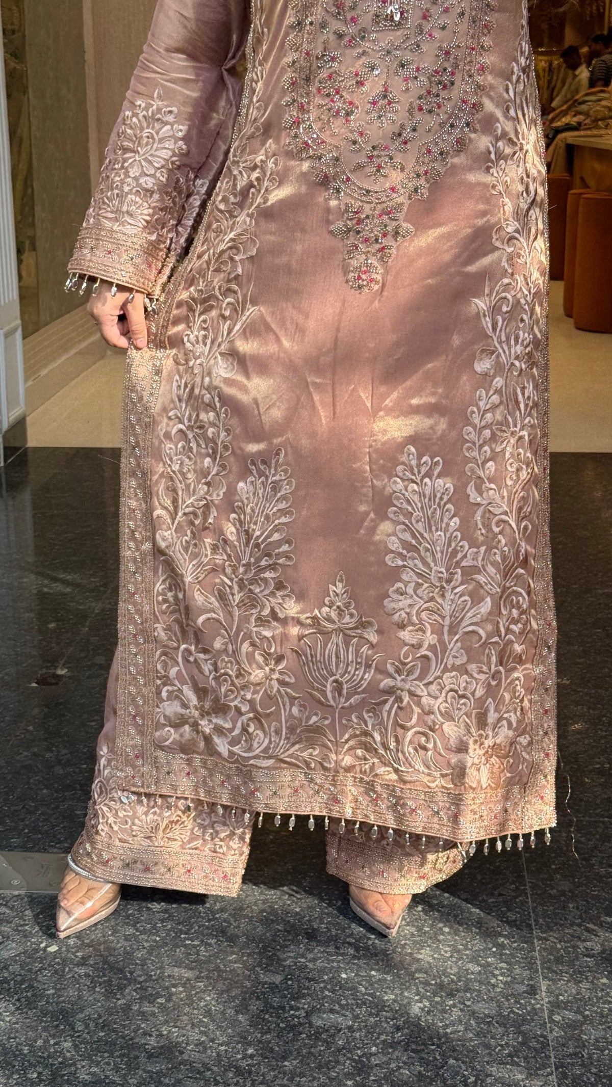 Designer Shimmer Tissue Suit Set with Thread Embroidery Beads & Multicolour Stone Work ( 46 size sides will be plain customisation available if handwork needed )