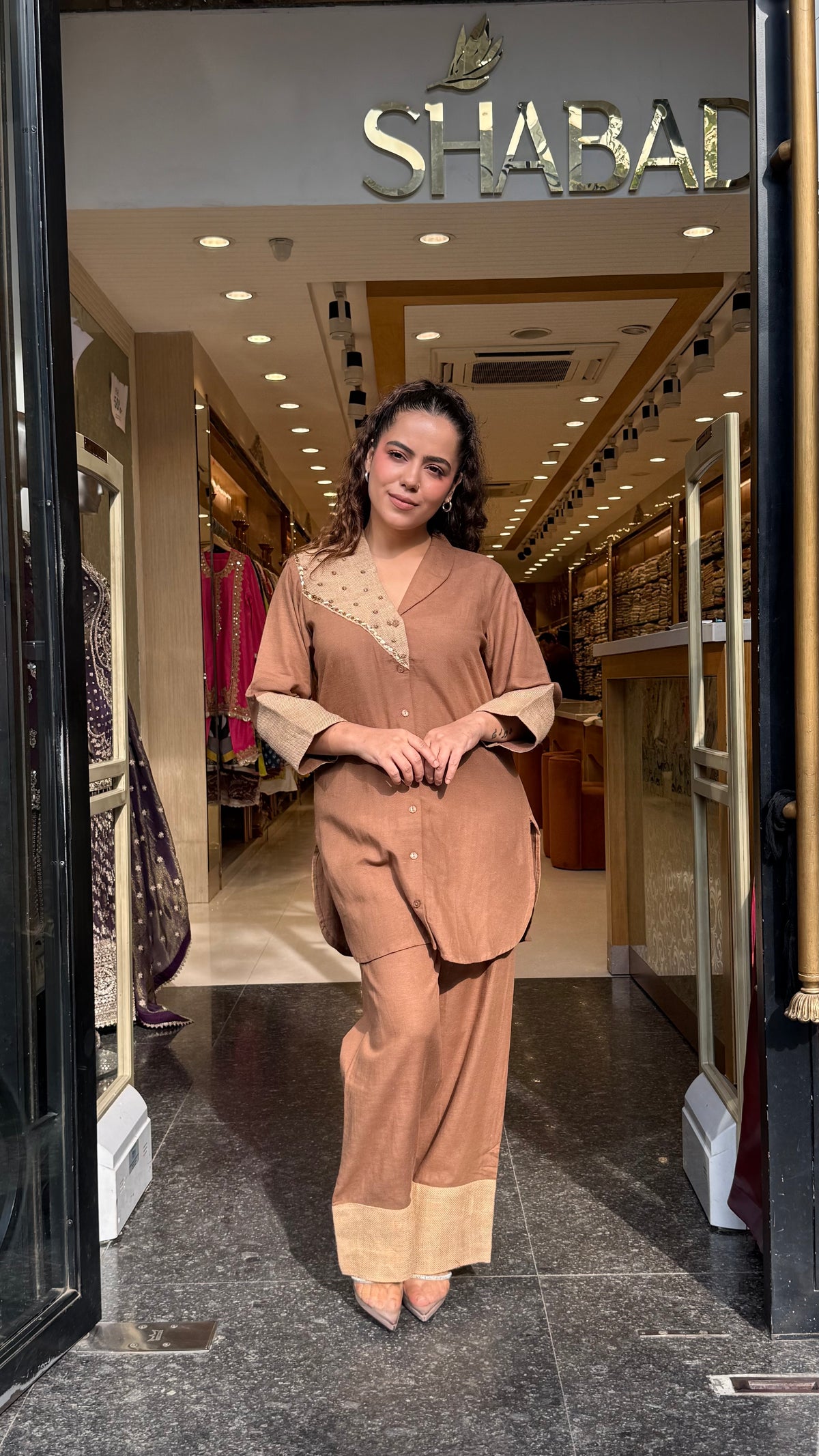 Linen Embellished Co-Ord Set with Jute Patch & Pearl Detailing