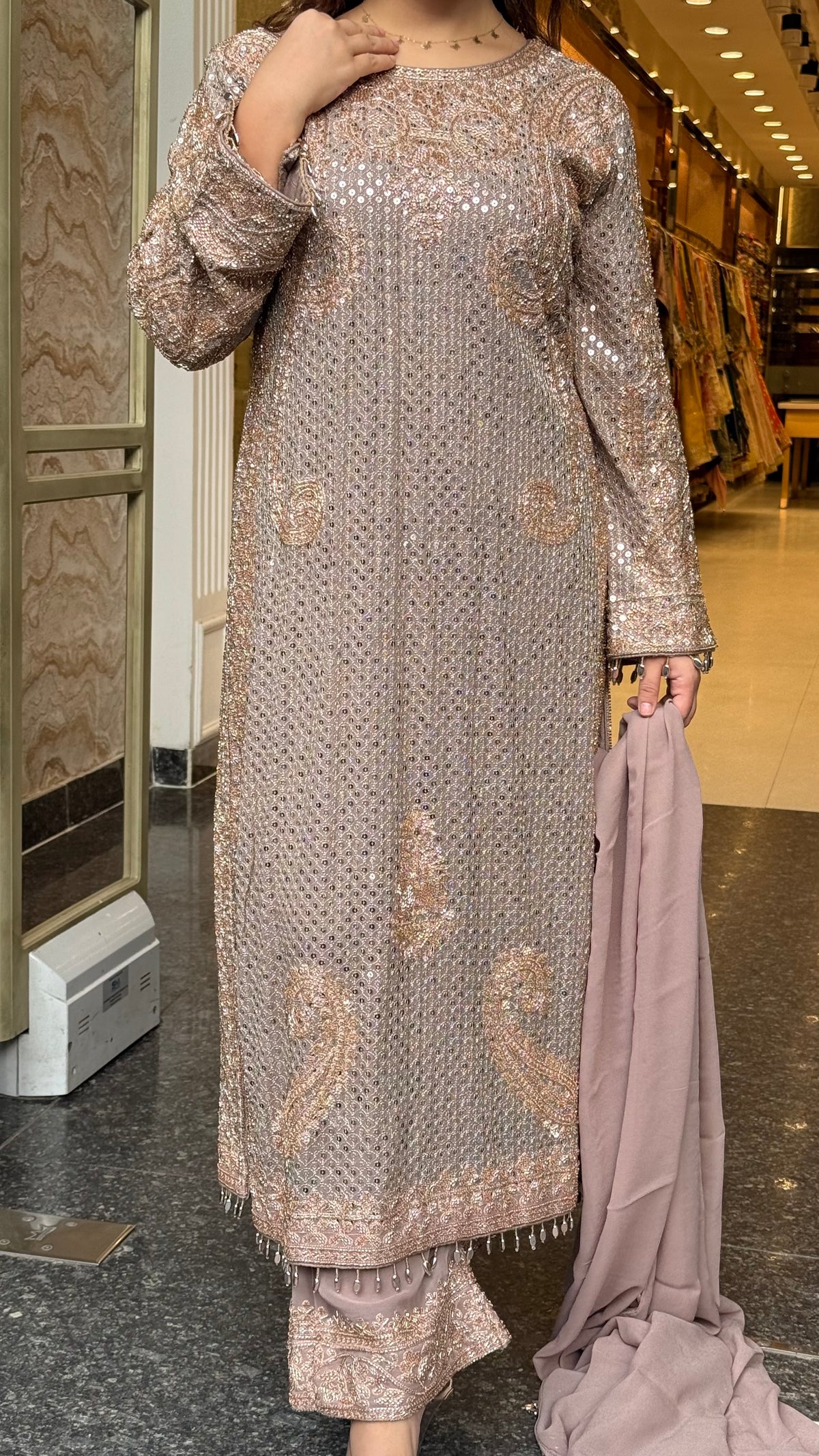 Designer Pakistani Georgette Suit Set with Sequin Shirt & Beads Work