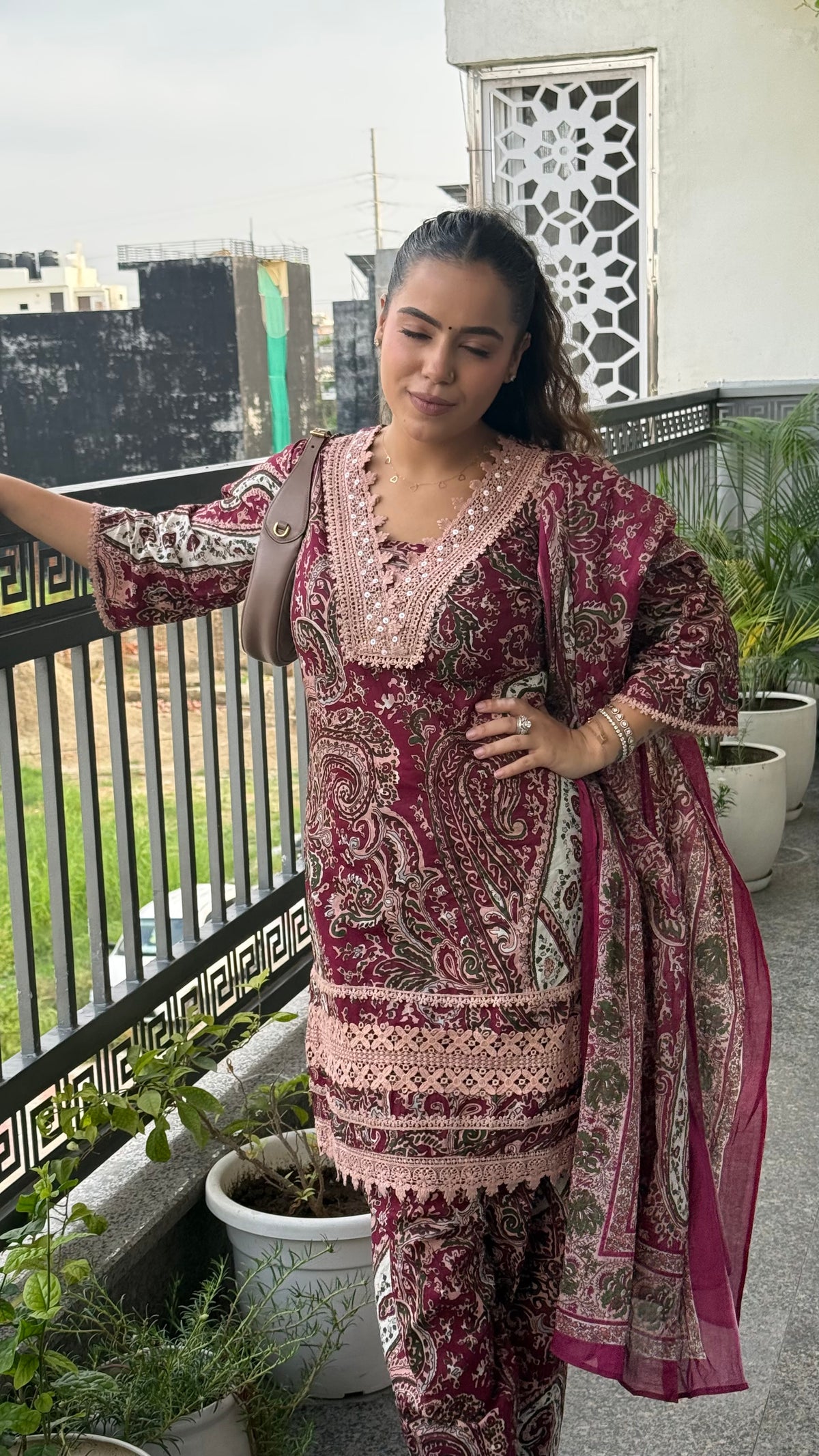 Budget Friendly Printed Cotton Suit with Lace Work