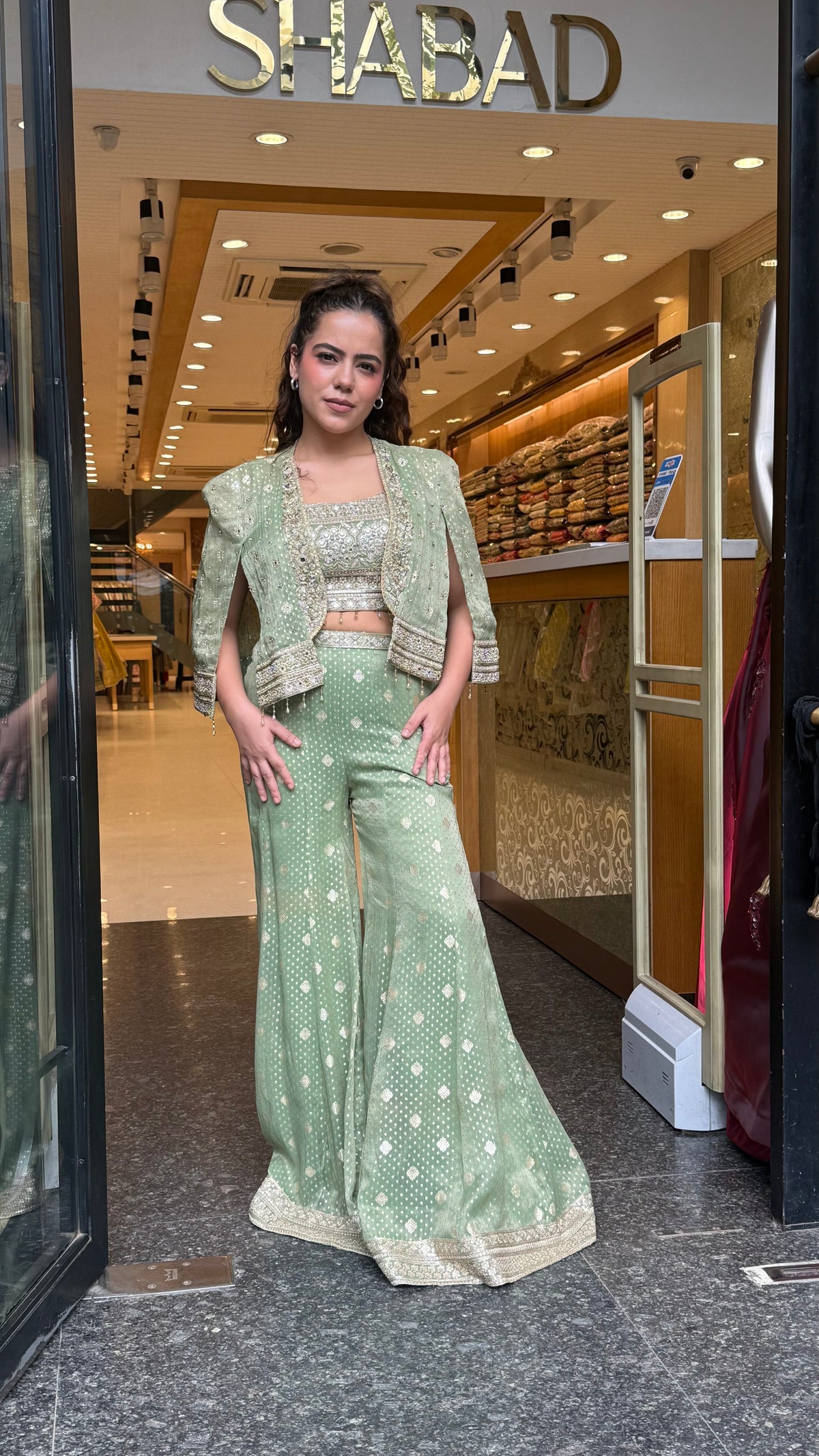 Banarsi Shimmer Indo-Western Set with Handwork Mirror Jacket | Upto Size 40