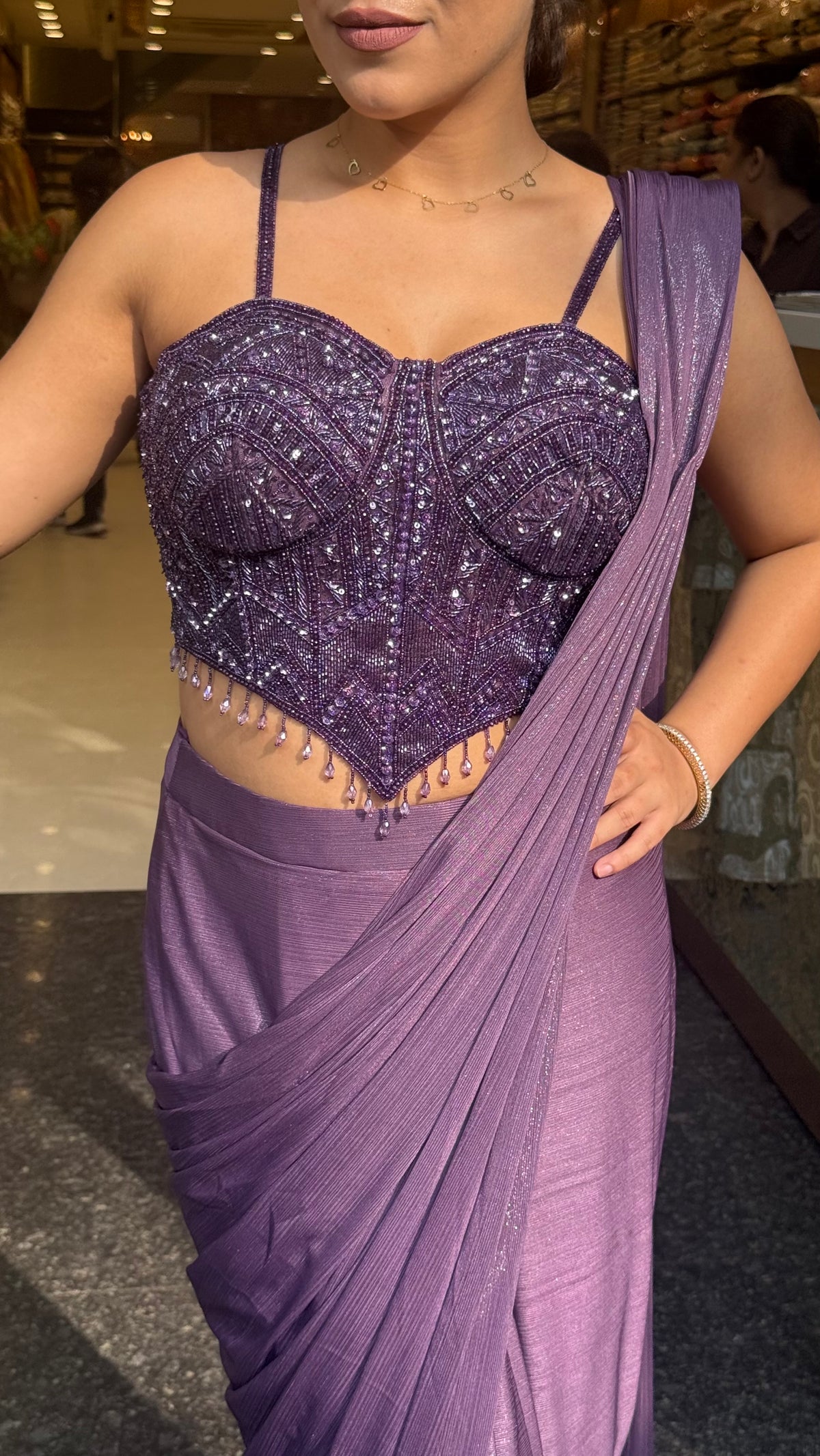 Shimmer Lycra Drape Saree with Handwork Corset Blouse