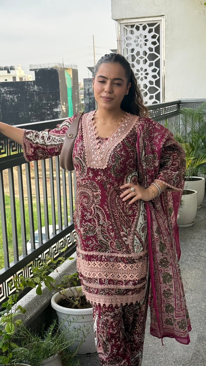 Budget Friendly Printed Cotton Suit with Lace Work