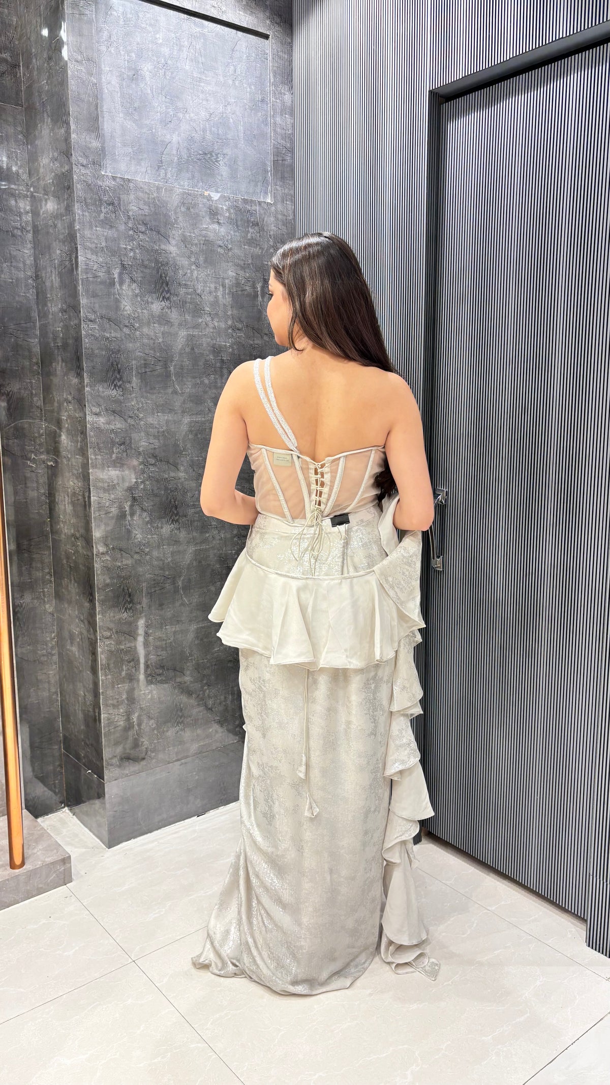 Lycra Saree with Pearl, Cut Dana & Mirror Work Corset Blouse
