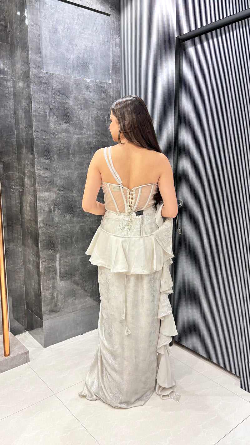 Lycra Saree with Pearl, Cut Dana & Mirror Work Corset Blouse
