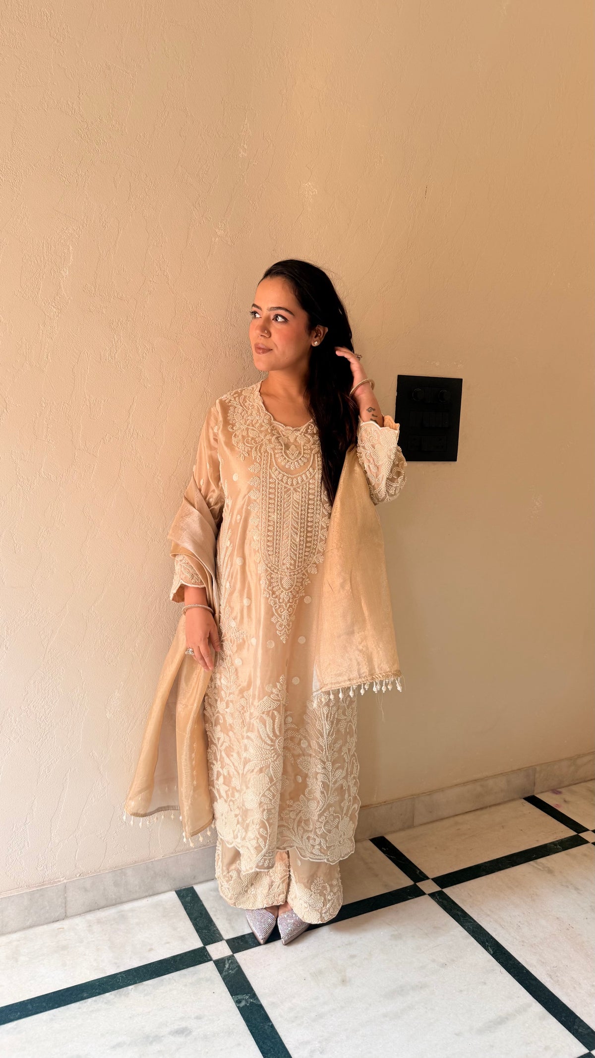 Shimmer Tissue Suit Set with Beads Handwork