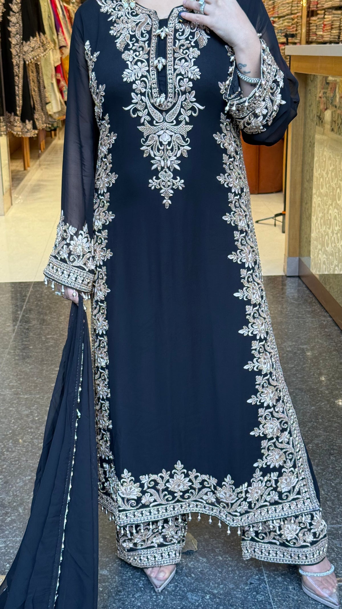 Elegant Georgette Thread Embroidered & Beaded Suit Set ( 46 size sides will be plain customisation available if handwork needed )