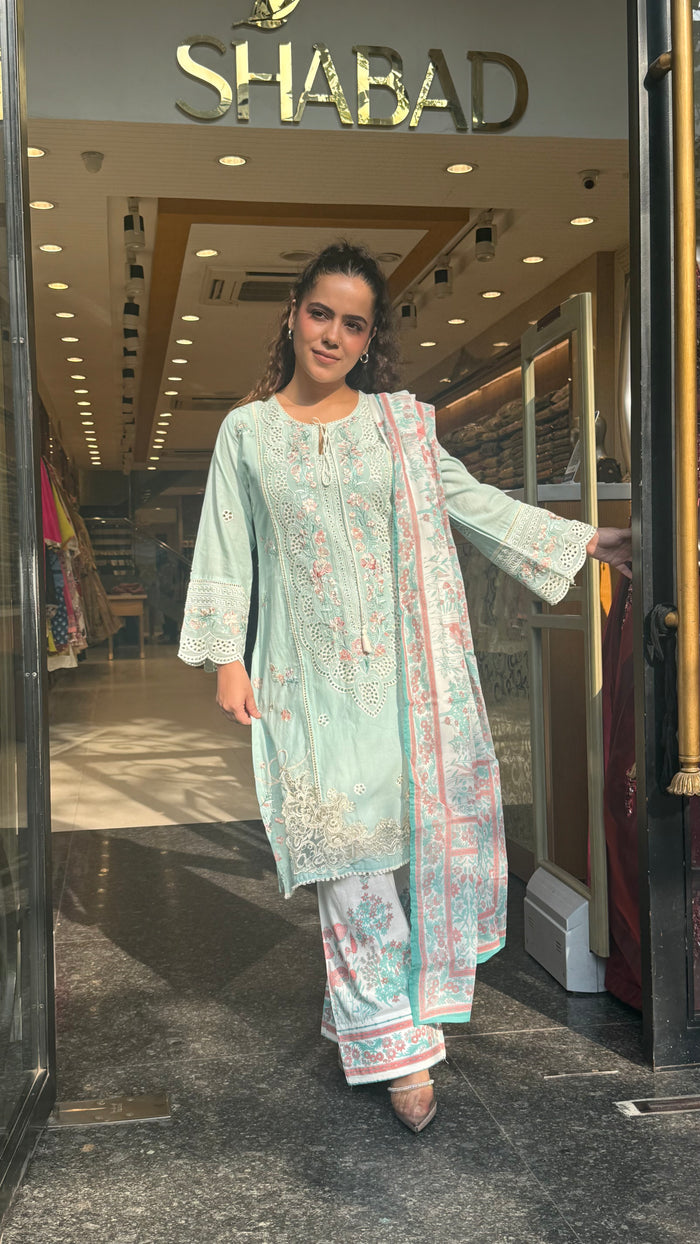 Women’s Cotton Pakistani Suit Set | Cutwork & Thread Embroidery | Printed Bottom | Sizes Up to 44