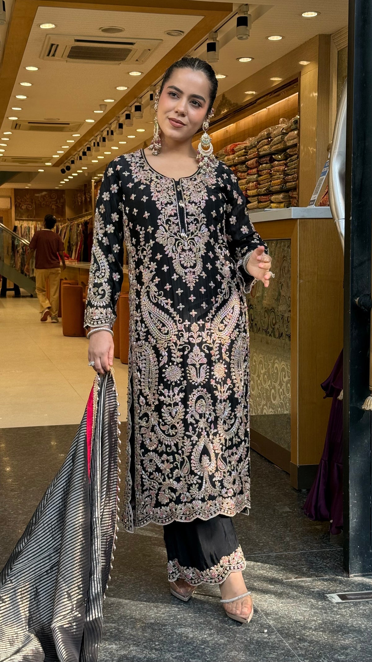 Elegant Satin Silk Suit Set with Beads & Multicolour Stone Work