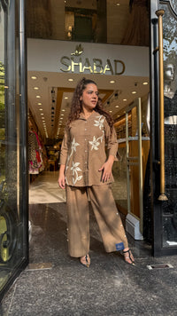 Cotton Appliqué Work Co-Ord Set with Bell Bottom Pants