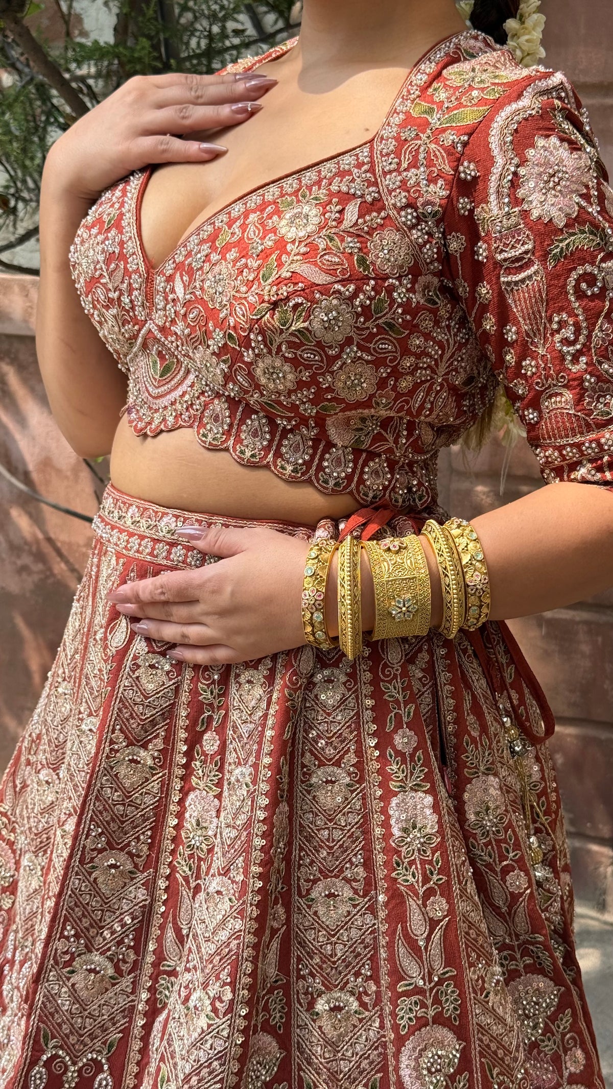 Pure Raw Silk Dori & Thread Embroidered Lehenga with Pearl, Sequin & Stone Detailing