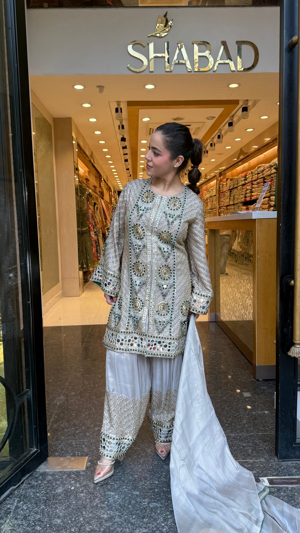 Luxury Shimmer Tissue Suit Set with Beads Jewellery & Mirror Work