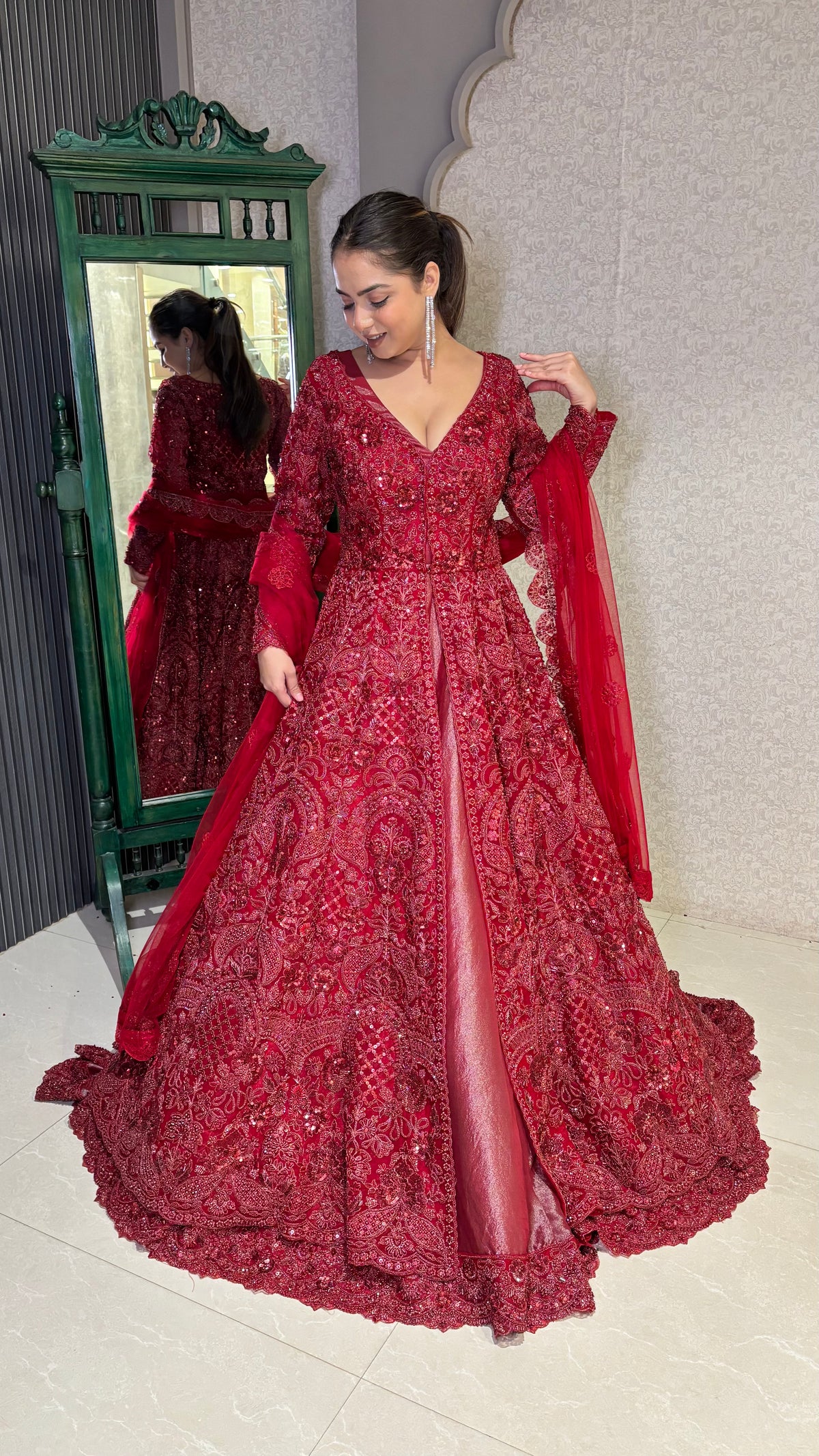 Long jacket lehenga.. pearls cutdana sequin stones work