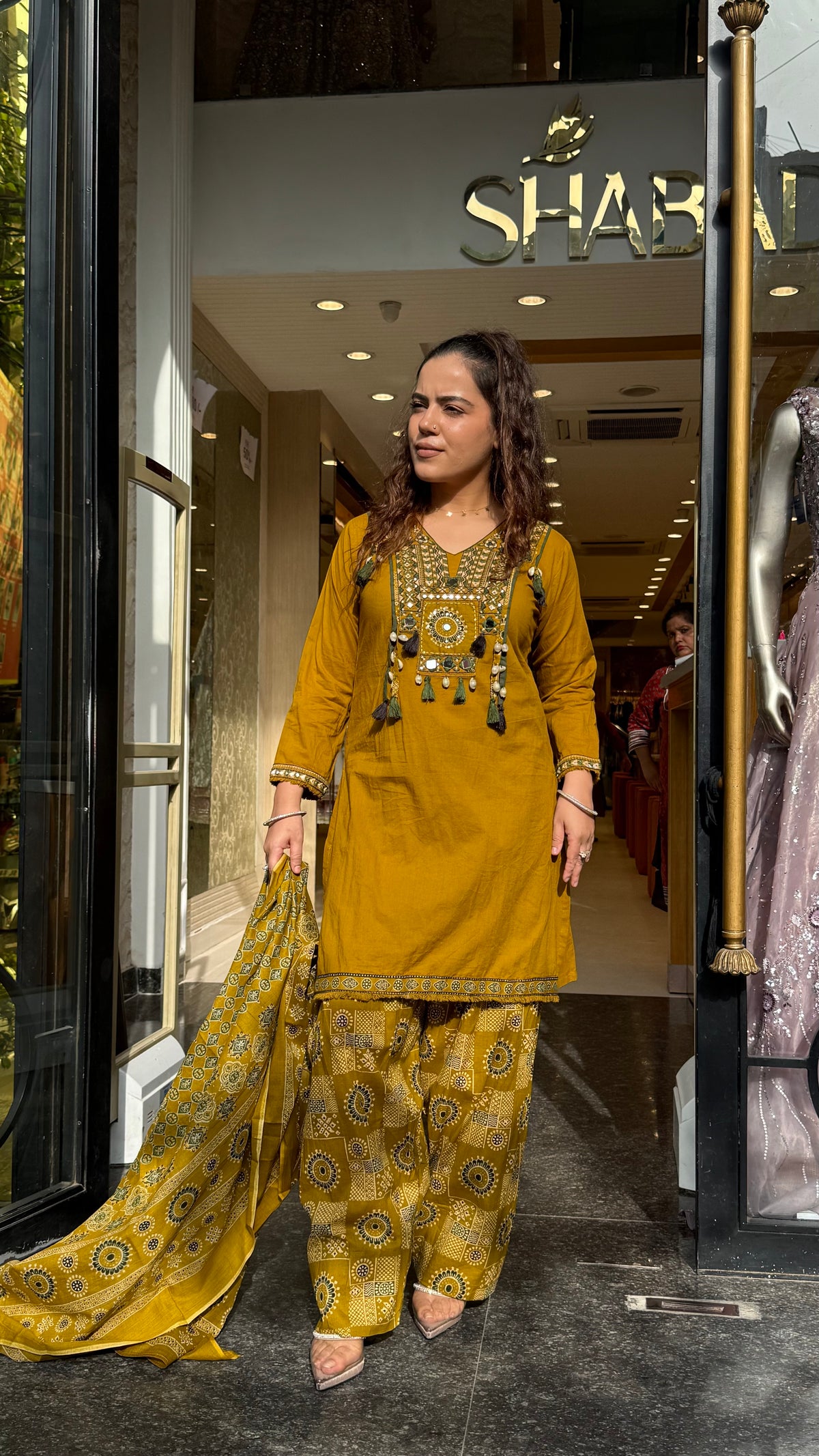 Ajrakh Print Farshi Suit Set with Thread Embroidery Neckline Mirror & Shells Detailing | Up to Size 46
