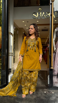 Ajrakh Print Farshi Suit Set with Thread Embroidery Neckline Mirror & Shells Detailing | Up to Size 46