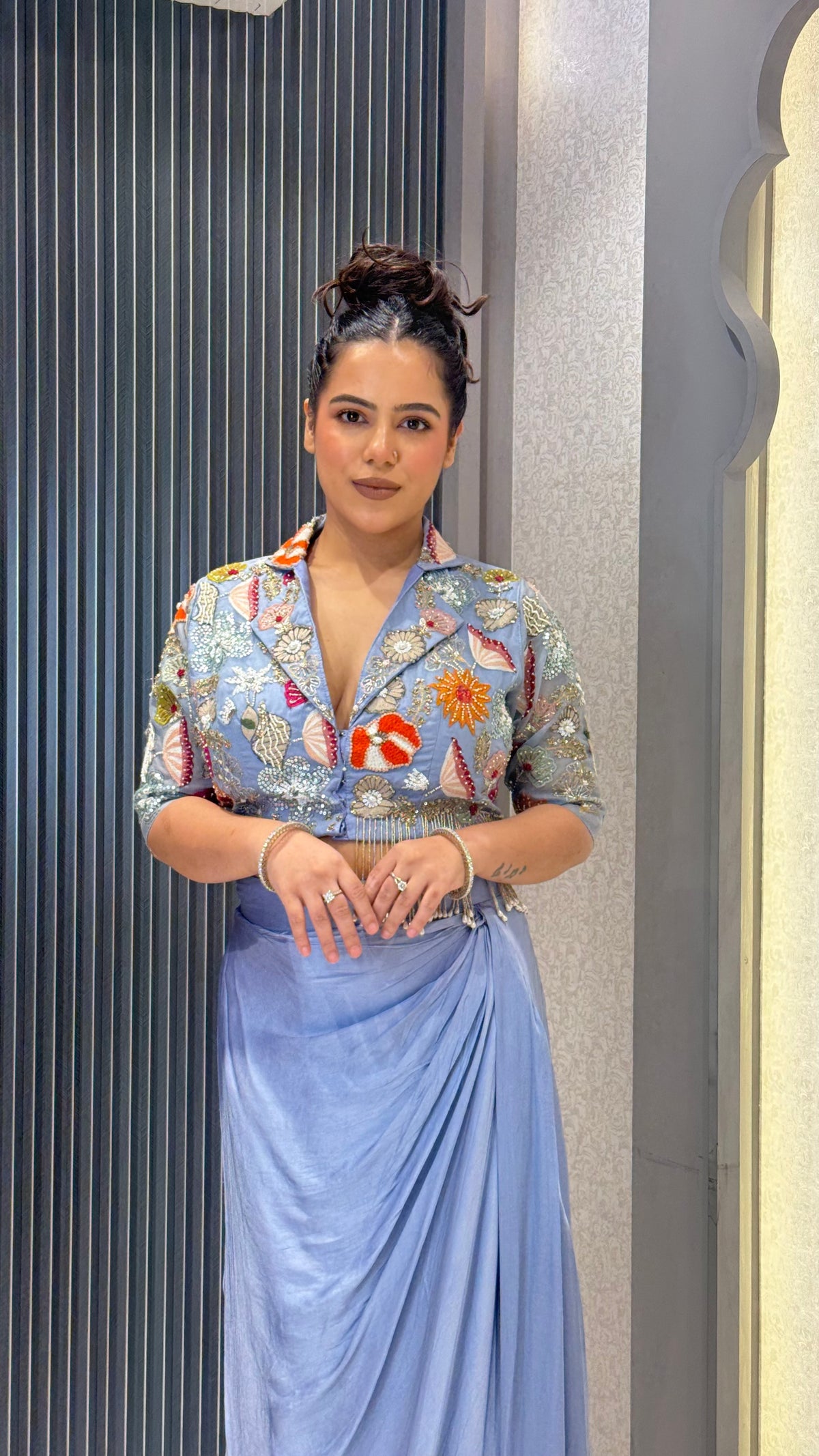 Indo-Western Elegance Set with Handwork Blouse & Crepe Bottom