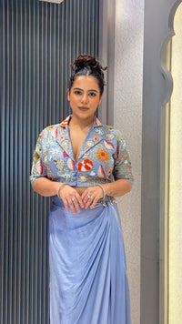 Indo-Western Elegance Set with Handwork Blouse & Crepe Bottom