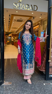 Long Pakistani Suit Set in Satin Silk with Beads Handwork