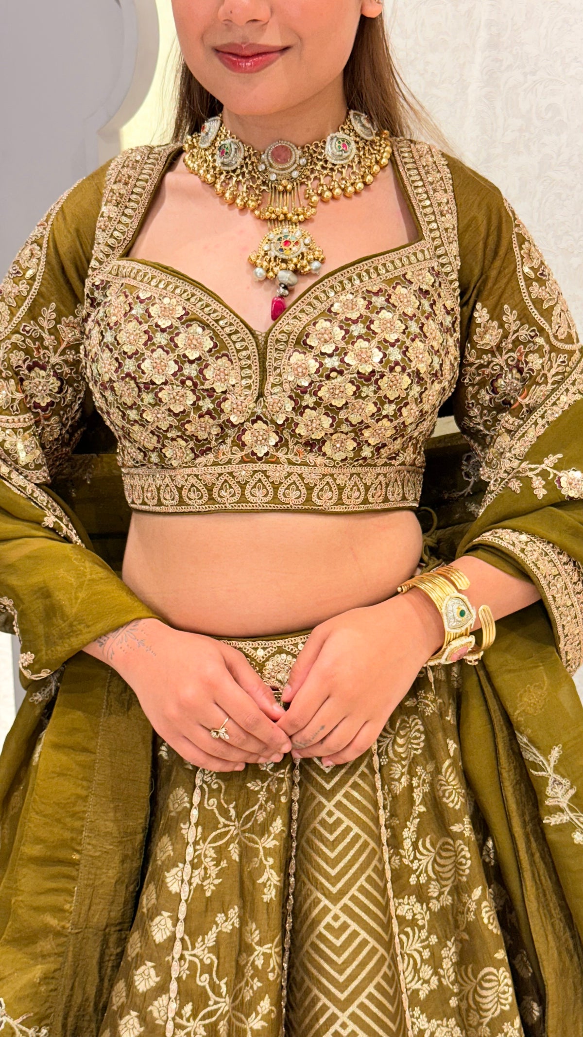 Handwork Embroidered Blouse with Banarasi Weaving Lehenga Set