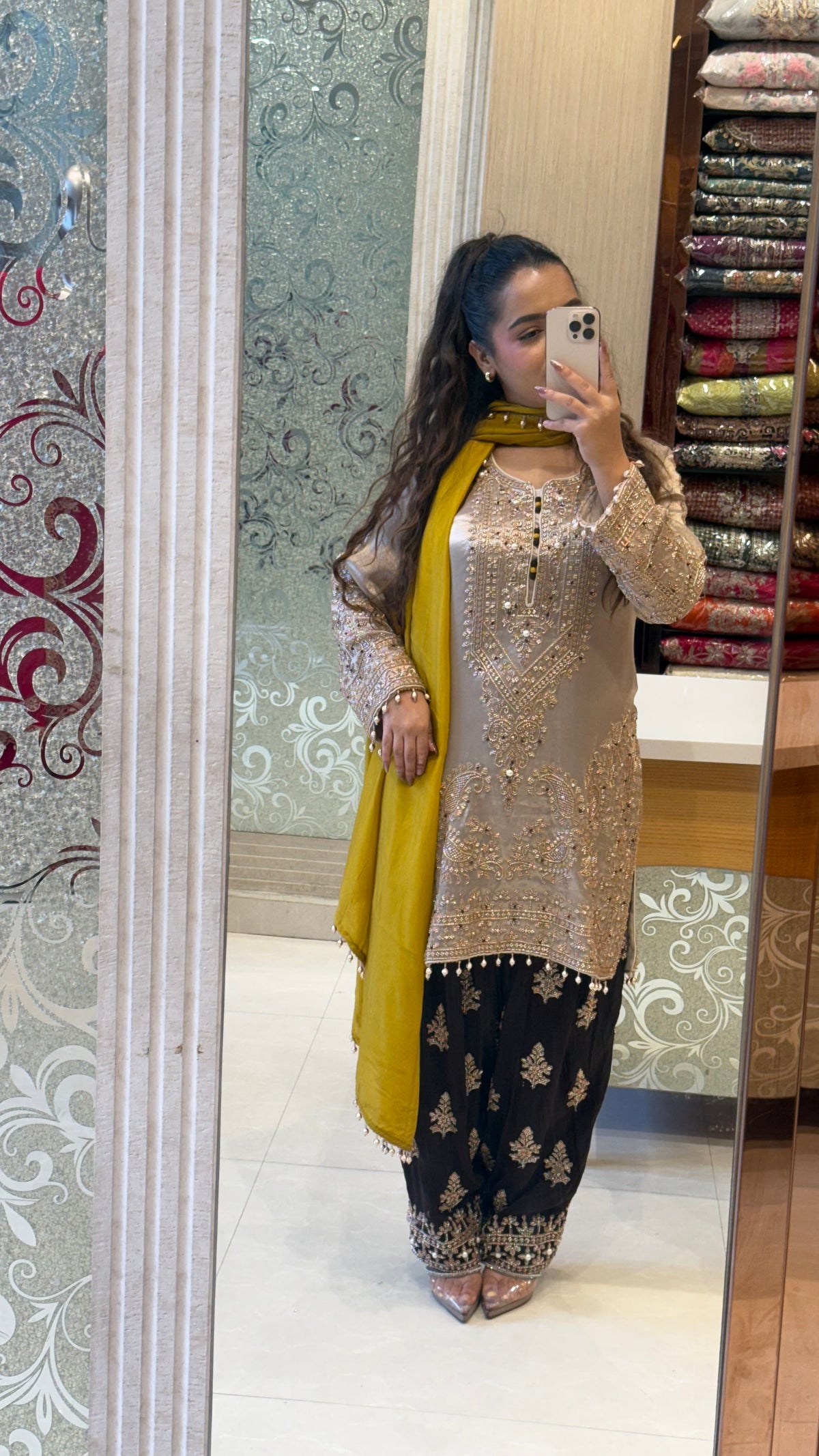 Shimmer Silk Beaded Suit Set with Chinon Salwar Style Pant