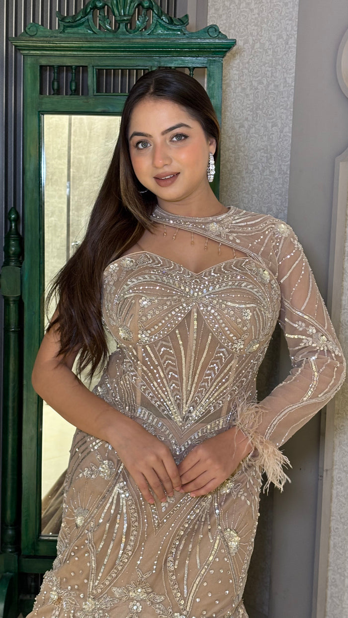 Designer Fish-Cut Gown with Sequin, Cutdana & Dori Work