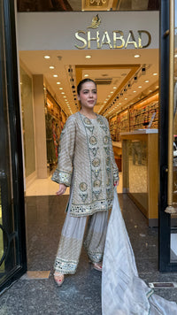 Luxury Shimmer Tissue Suit Set with Beads Jewellery & Mirror Work