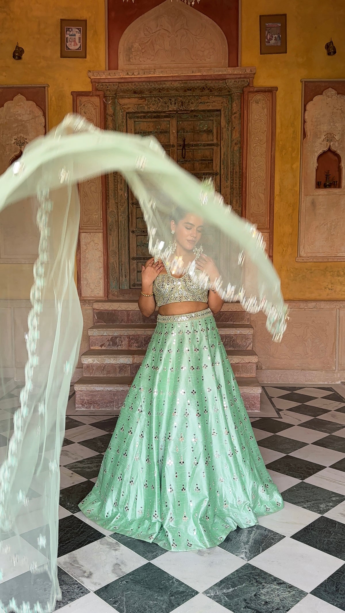 Elegant Raw Silk Lehenga with Intricate Mirror Work