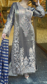 Designer Shimmer Tissue Suit Set with Thread Embroidery Beads & Multicolour Stone Work ( 46 size sides will be plain customisation available if handwork needed )