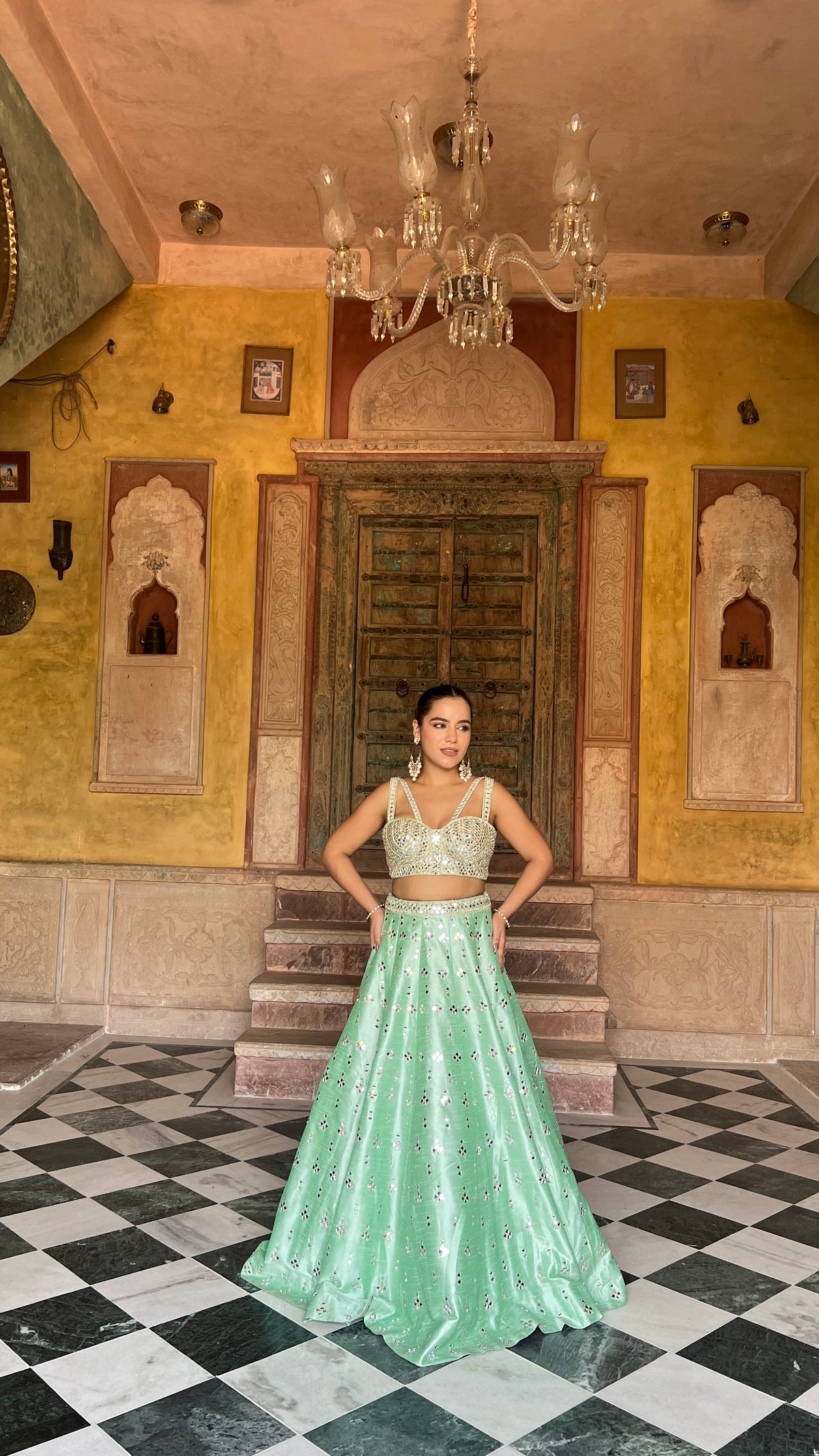 Elegant Raw Silk Lehenga with Intricate Mirror Work