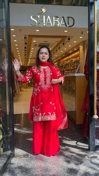 Silk Suit Set with Chinon Garara – Dori, Pearl & Gotta Detailing