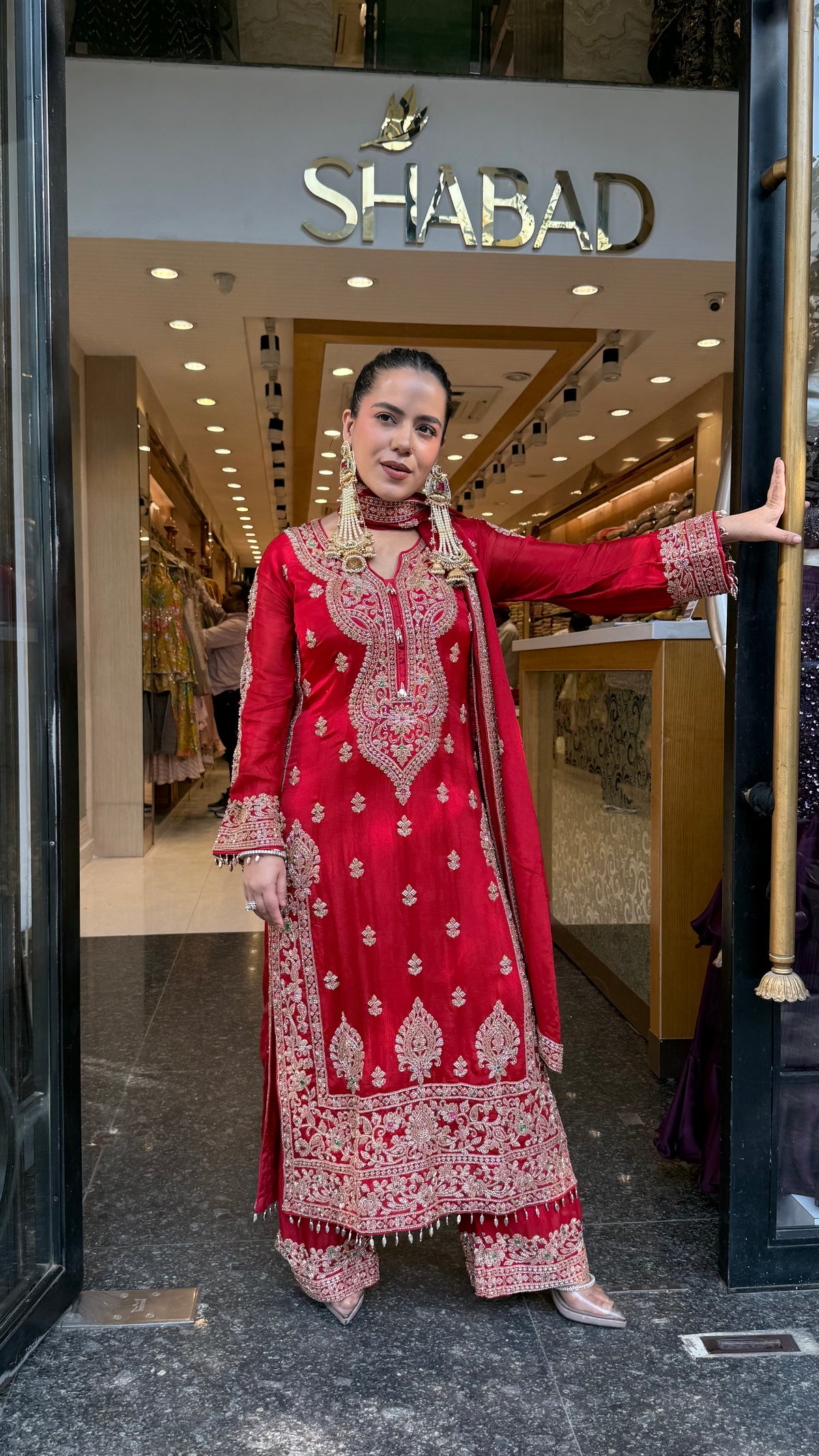 Designer Chinon Suit Set with Multicolour Stone & Beads Work (customisation available for 46/48 size)