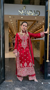 Designer Chinon Suit Set with Multicolour Stone & Beads Work (customisation available for 46/48 size)
