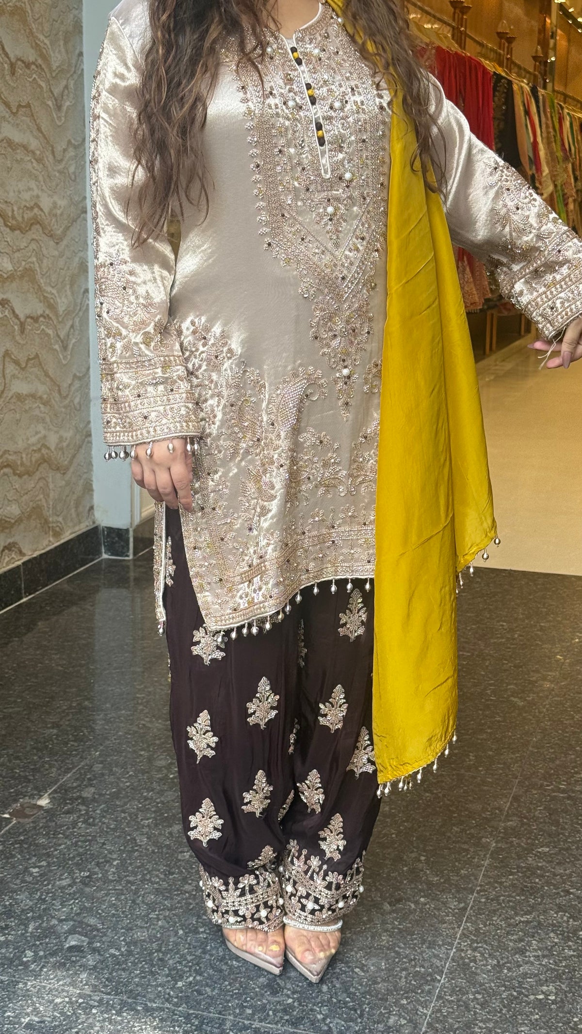 Shimmer Silk Beaded Suit Set with Chinon Salwar Style Pant