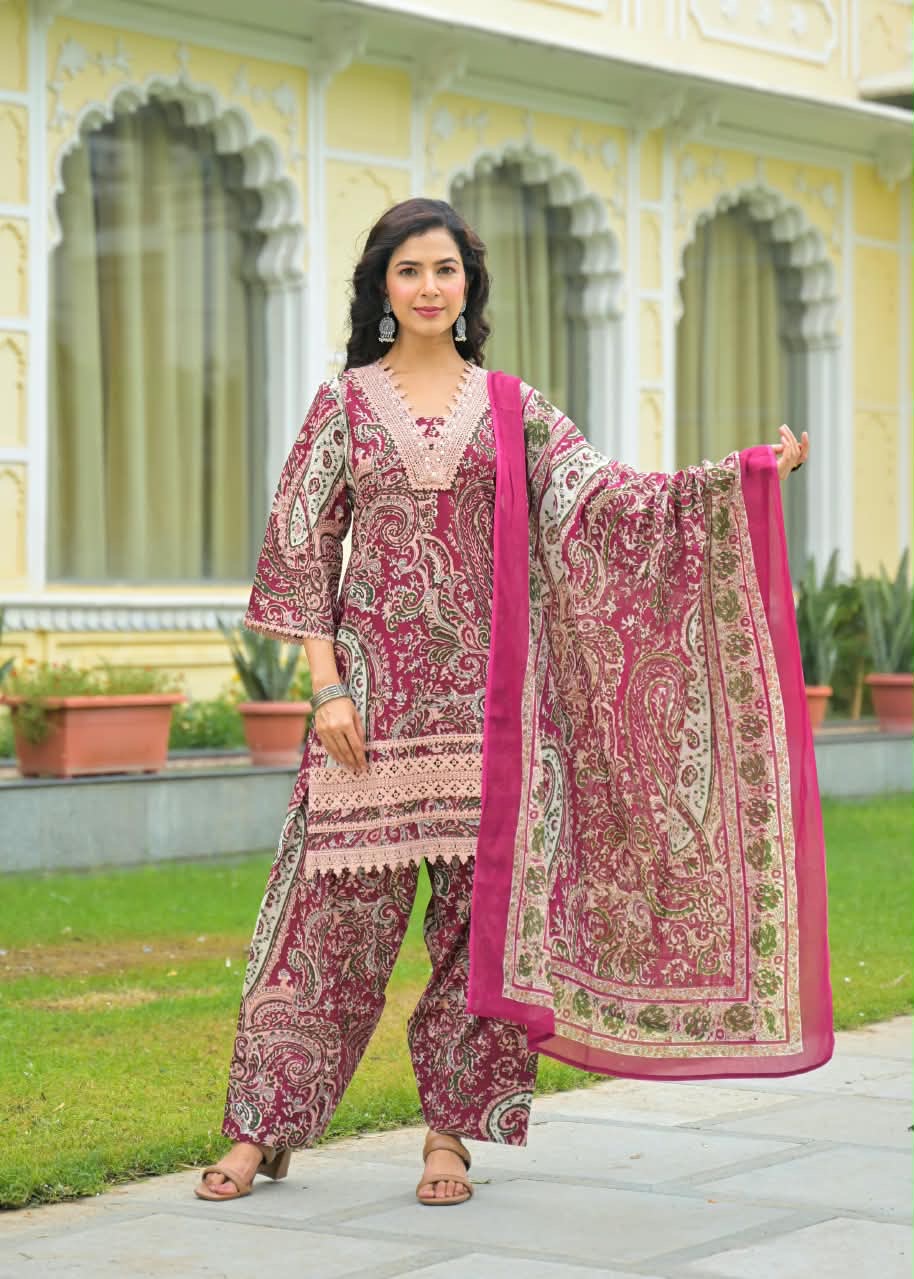 Budget Friendly Printed Cotton Suit with Lace Work