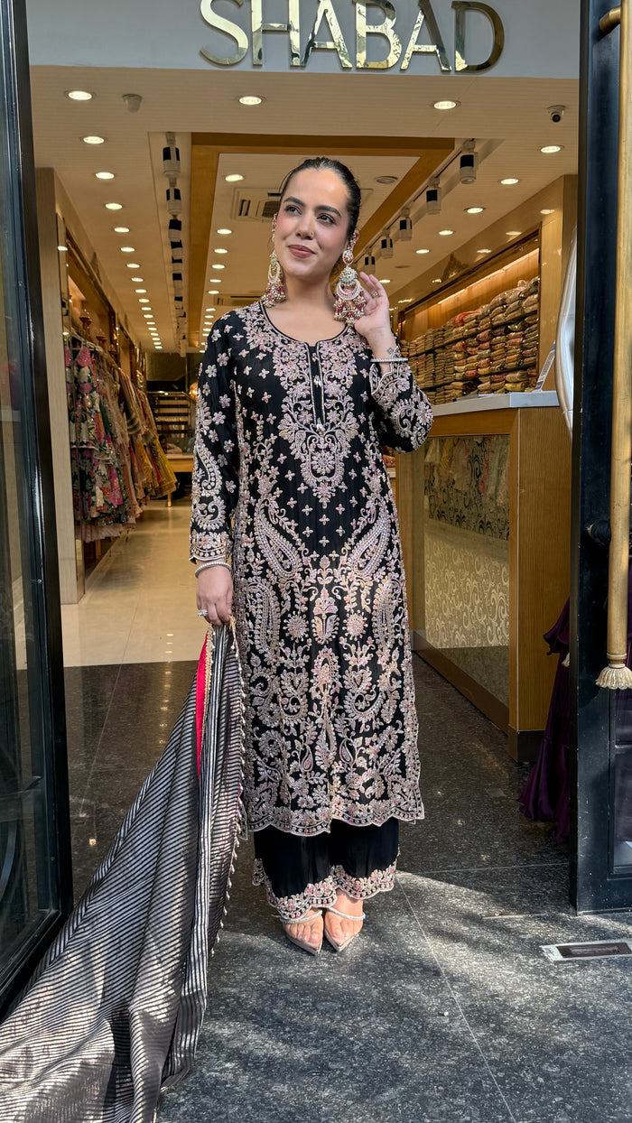 Elegant Satin Silk Suit Set with Beads & Multicolour Stone Work