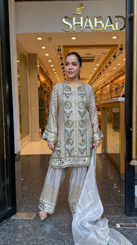 Luxury Shimmer Tissue Suit Set with Beads Jewellery & Mirror Work