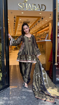 Pure Shimmer Silk Suit Set with Handwork & Stone Embroidery