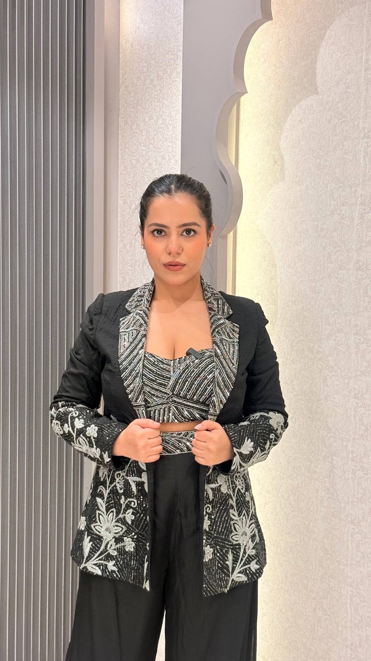 Black Sequin Handwork Silk Blouse with Jacket