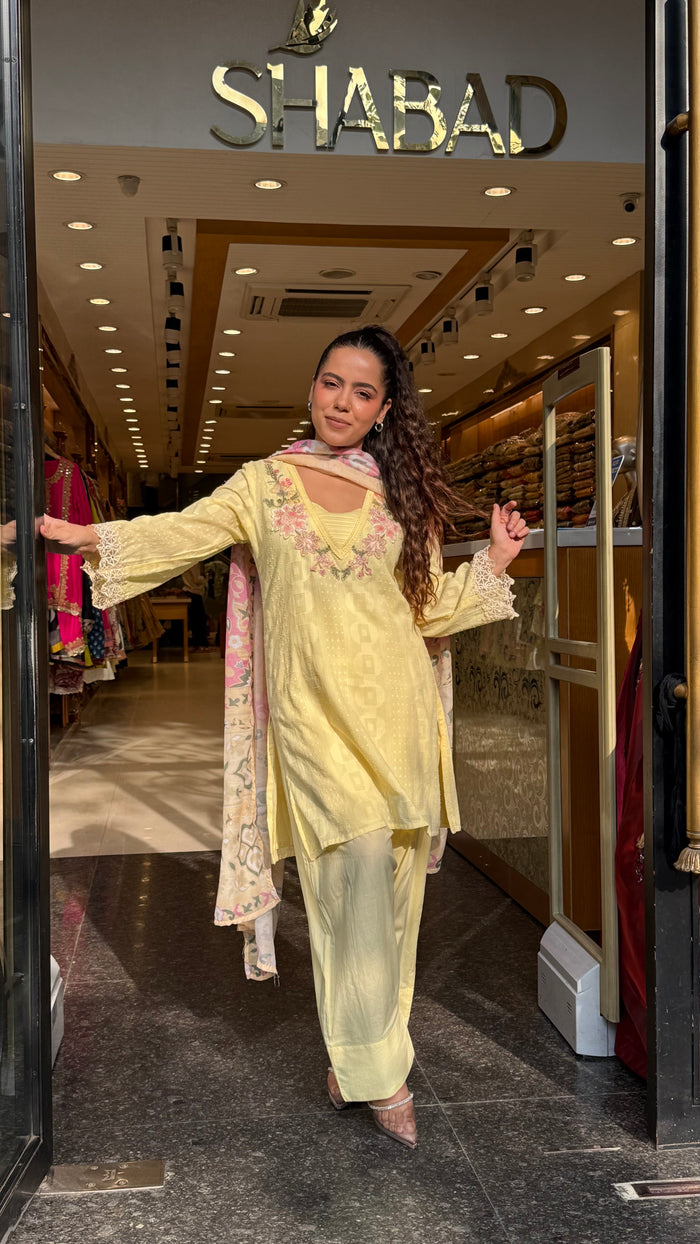 Women’s Cotton Jacket Suit Set with Farshi Salwar | Thread Embroidery Neckline | Sizes Up to 46