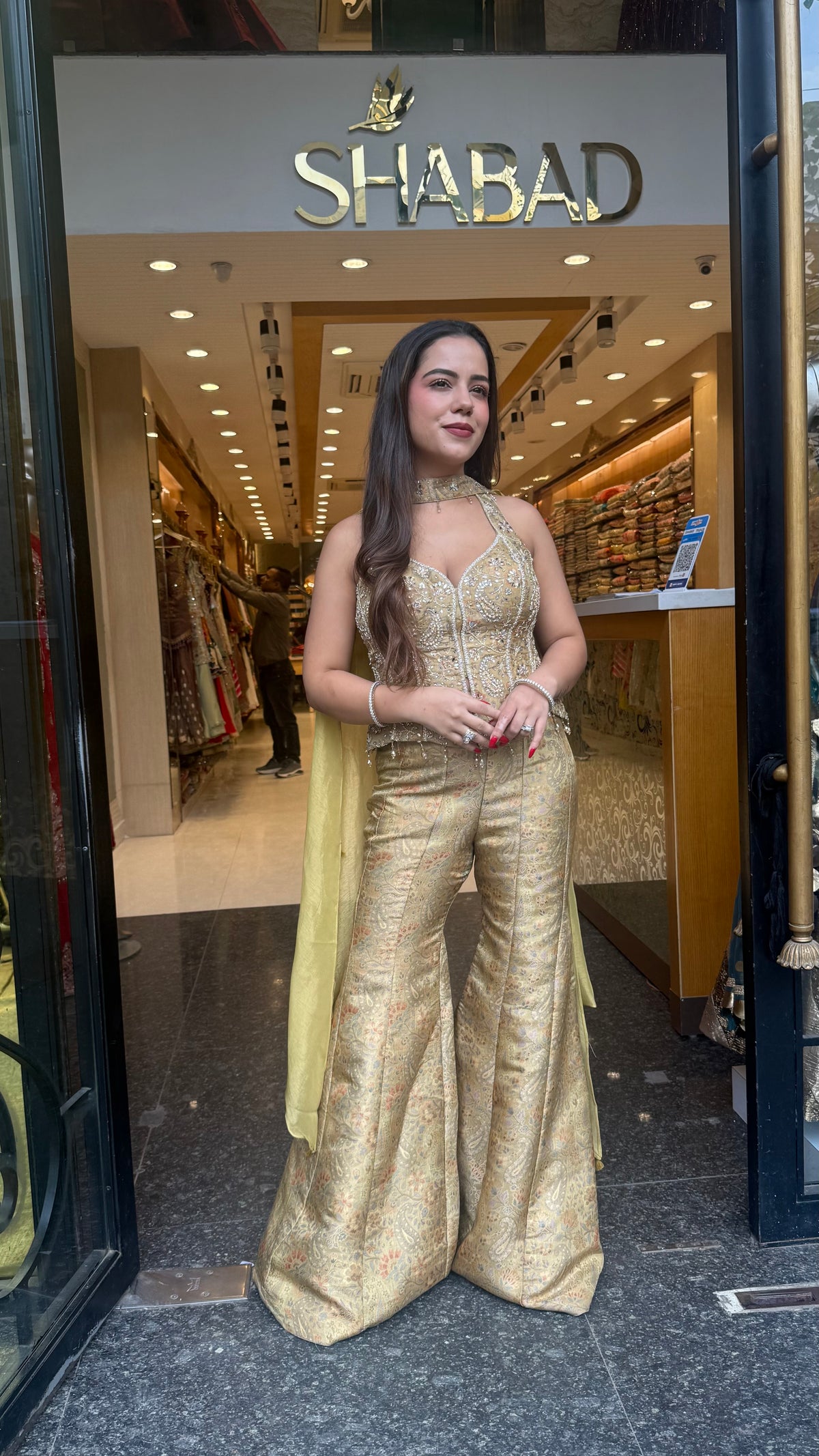 Banarasi Shimmer Indo-Western Set with Mirror, Dabka & Pearl Work | Designer Blouse & Bell Bottoms